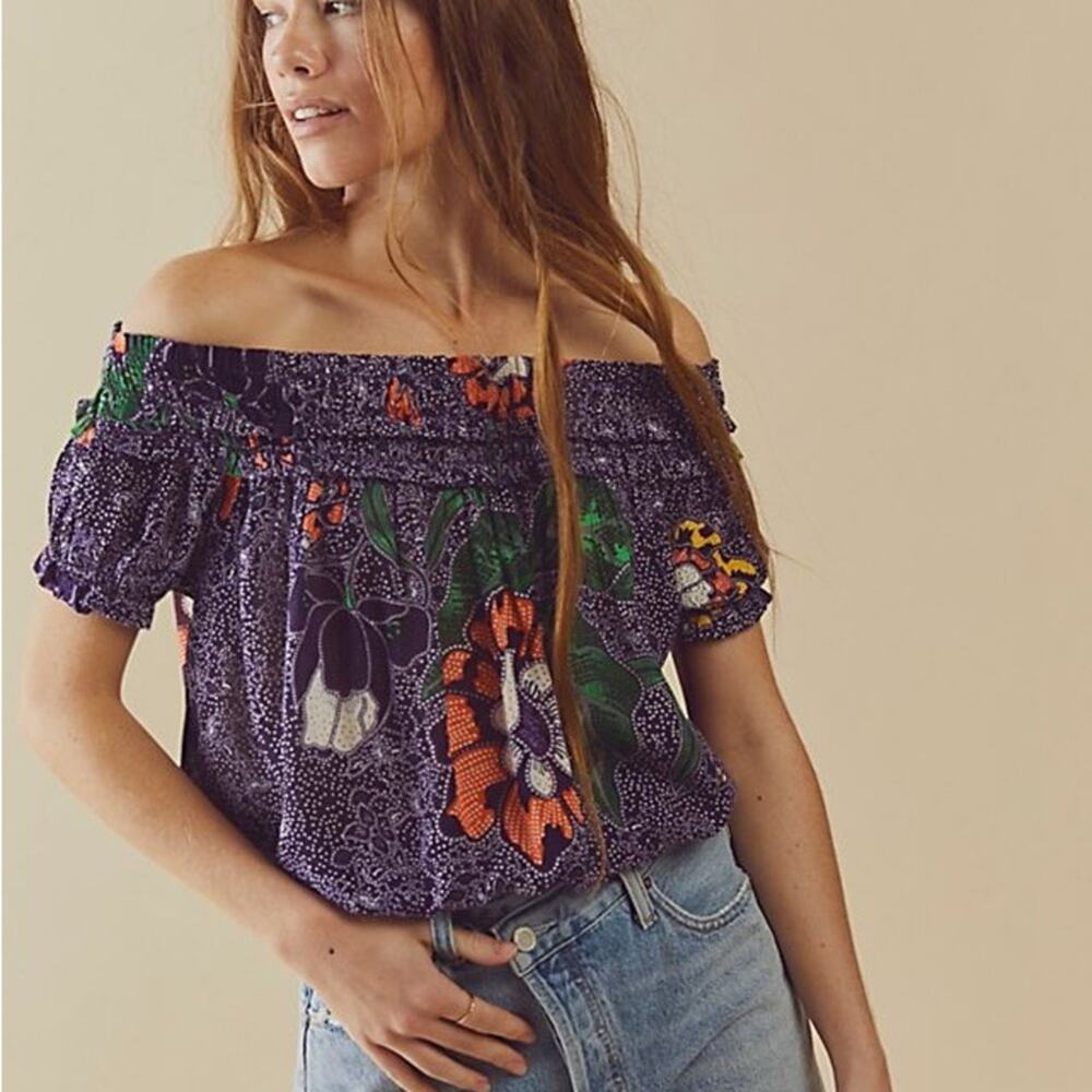 Free People FP One Suki Purple Dotted Floral Scrunch Smocked Blouse Top Size XS